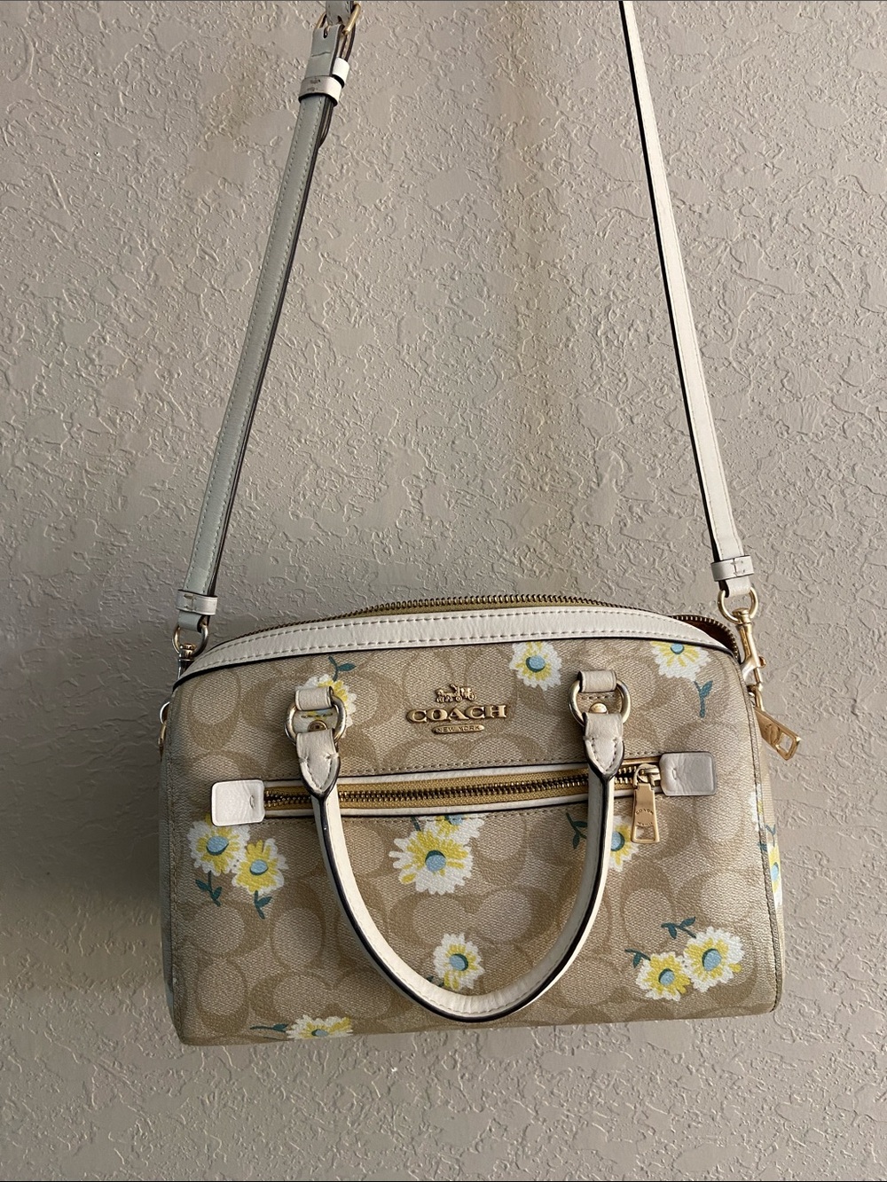 Coach Beige Floral Mini Satchel Crossbody with White Trim